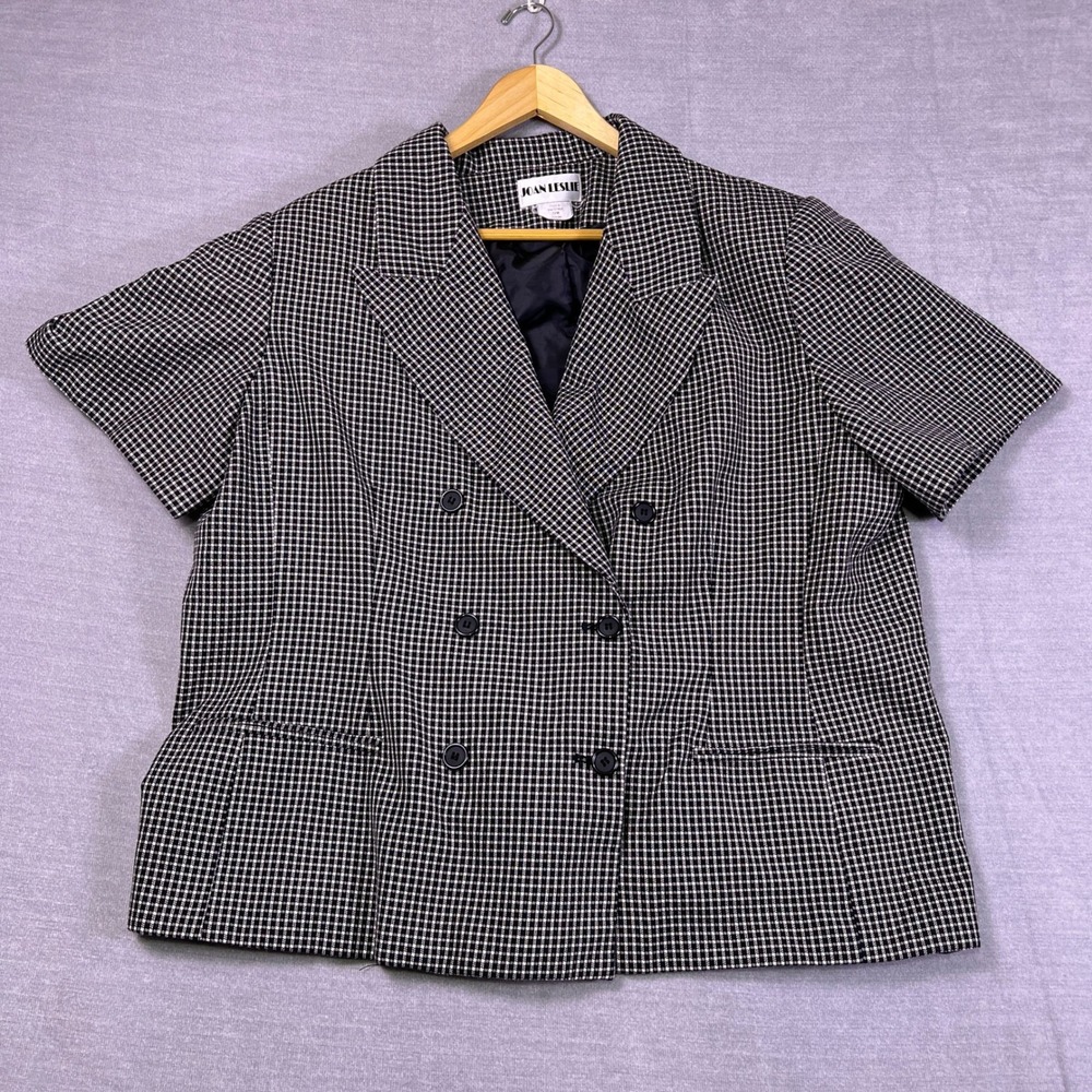 Joan Leslie Double Breasted Short Sleeve Gingham Blazer Jacket Womens 22W Black